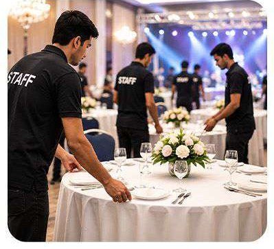 Event support staff arranging tables at a function venue