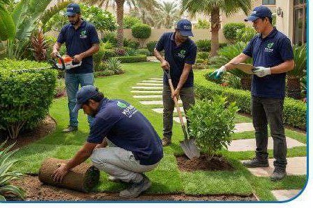 Gardening team maintaining a green lawn
