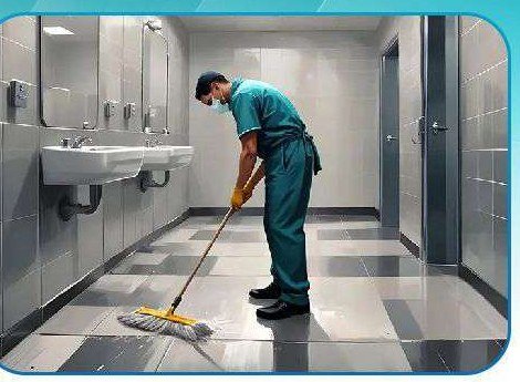 Trained staff cleaning a public washroom